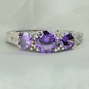 3.3Ct Lab-Created Amethyst Milgrain Trilogy Engagement Ring 9k W.G.Plated 925.